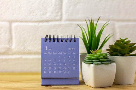 Hello, January. January 2025 planning calendar on your desktopの写真素材