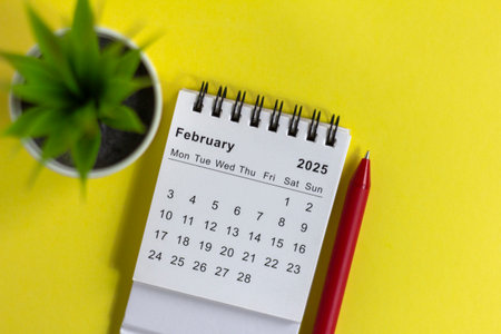 Desktop calendar for February 2025 on a yellow backgroundの写真素材