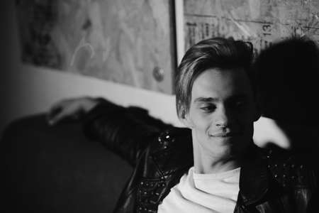 Black and white close up portrait male fashion modelの写真素材