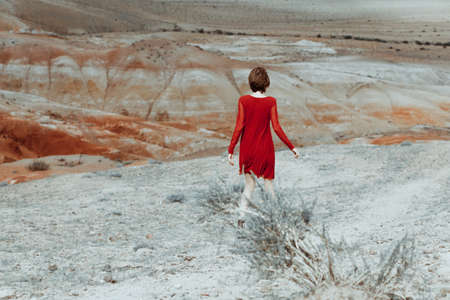Woman stands in the beauty of red valley. She wears a beautiful red dress. Romanticの写真素材