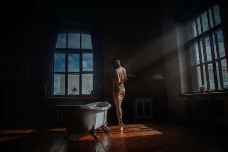 Women in dress standing in old decorated room with bathの写真素材