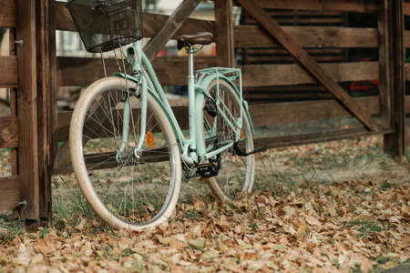 Old vintage bicycle and old wooden fence ad autumn leaves