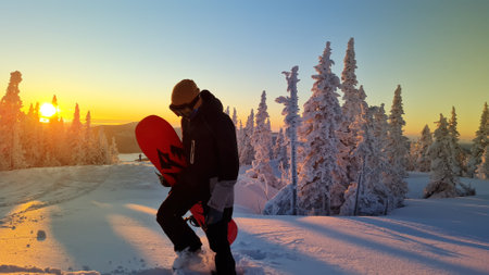 Silhouette of Snowboarder walking on snowy powder near fir-tree forest covered with snow.の写真素材