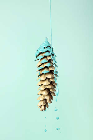 Blue paint dripping out of pine cone. Creative Fall minimal concept. Autumn background.の写真素材