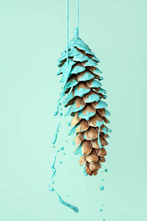 Blue paint dripping out of pine cone. Creative Fall minimal concept. Autumn background.の写真素材