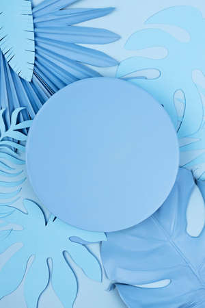 Luxury blue circle with copy space, and palm leaves in pastel background. Concept scene stage showcase, for product, promotion, sale, banner, presentation, cosmetic. Minimal showcase mock up concept.の写真素材