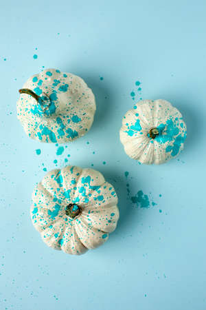 Fall layout made of white pumpkin with blue color splash. Glamour Halloween. Autumn still life. Flat lay with copy space.の写真素材