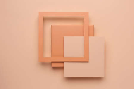 Luxury square podium frames on orange background. Concept scene stage showcase, for product, promotion, sale, banner, presentation, cosmetic. Minimal showcase mock up concept.の写真素材