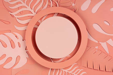 Luxury circle podium with palm leaves and frames on coral background. Concept scene stage showcase,...