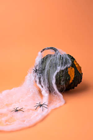 Halloween layout made with black pumpkin, spiderweb and spiders on orange background. Minimal spooky concept.の写真素材