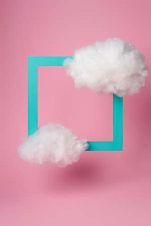 Blue and pink podium with marble cube on pastel background. Concept scene stage showcase, for product, promotion, sale, banner, presentation, cosmetic and fashion. Minimal showcase mock up concept.の写真素材