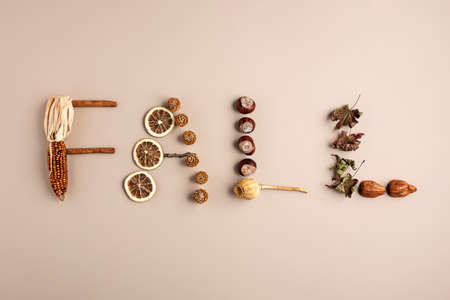 Autumn concept, fall background. Autumn objects and inscription in capital letters AUTUMN on beige background. Minimal natural design. Autumn creative composition. Flay lay.の写真素材