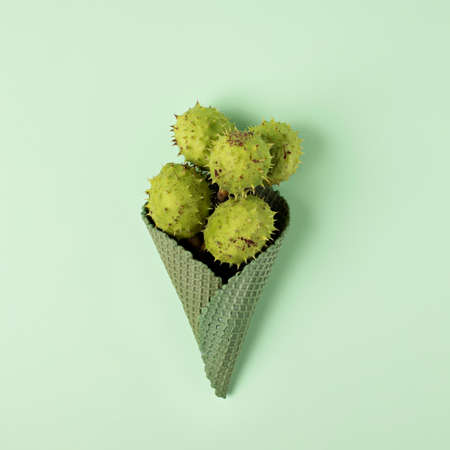 Creative layout made with green ice cream cone with chestnuts on green mint background. Minimal fall, food, or vegetarian concept. Flat lay.の写真素材