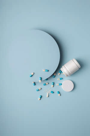 Creative medical layout made of frames and pills. Health or medicine background. Concept scene stage podium showcase, for product, promotion, sale, banner, presentation, cosmetic. Flat lay.の写真素材