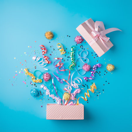 Creative layout with Christmas confetti on light blueの写真素材