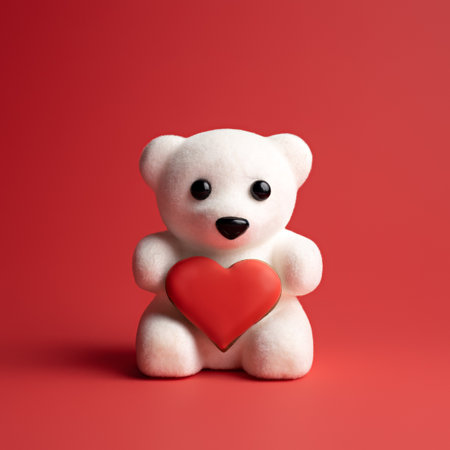 Valentine's day card made with white teddy bear holding heart on red background. Love or Women's day minimal concept.の写真素材