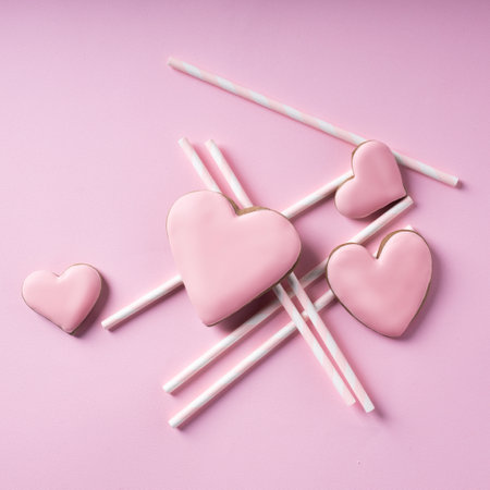 Glazed heart shaped cookies for Valentine's day on pink background. Homemade natural organic pastry - baking with love. Minimal love concept. Flat lay, top view.の写真素材