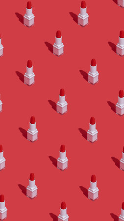 Make up pattern made with white lipstick on red background. Minimal beauty salon concept with trendy summer shadows. Flat lay, top view.の写真素材