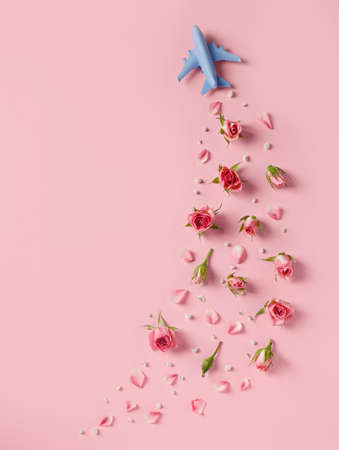 Travel concept with white blue airplane, flowers and petals on pink background. Minimal love, romance, trip or vacation concept. Top view, flat lay, copy space.の写真素材