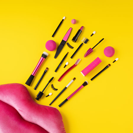 Make up layout made with big plush lips and beauty accessories on modern yellow background. Minimal make up, beauty, fashion, and nail manicure concept. Cosmetic or beauty salon layout. Flat lay.の写真素材