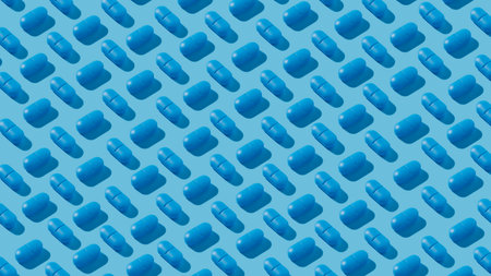 Monochrome pattern with blue pills against blue background. Minimal pharmacy concept. Medical visual...