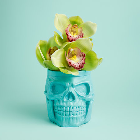 Skull with orchid flowers on pastel green background. Halloween, spring bloom or floral creative concept. Magic surreal image. Witch ritual atmosphere.の写真素材