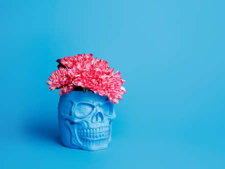 Skull with pink flowers against vivid blue background. Halloween, spring bloom or floral creative concept. Magic surreal image. Witch ritual atmosphere.の写真素材