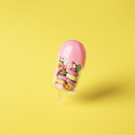 Creative layout with ice cream filled with various pills and tablets on bright yellow background. Creative health care or summer sweet food concept. Minimal flat lay visual trend.の写真素材