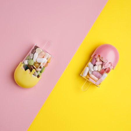 Creative layout with ice cream filled with various pills and tablets on two tone pink and yellow background. Creative health care or summer sweet food concept. Minimal flat lay.の写真素材