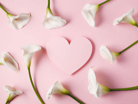 Calla lily flowers with heart shaped copy space on pastel pink background. Minimal spring bloom, romantic, valentine's day, women's day concept. Romantic greeting card composition. Flat lay, top view.の写真素材