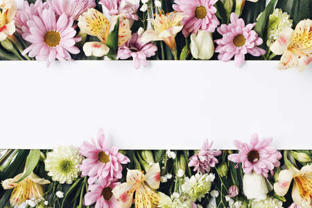 Creative layout made with arranged flowers on bright white background. Minimal spring bloom concept....