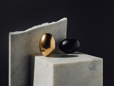 Shiny golden and black egg on marble cube showcase podium against black background. Luxury Easter...