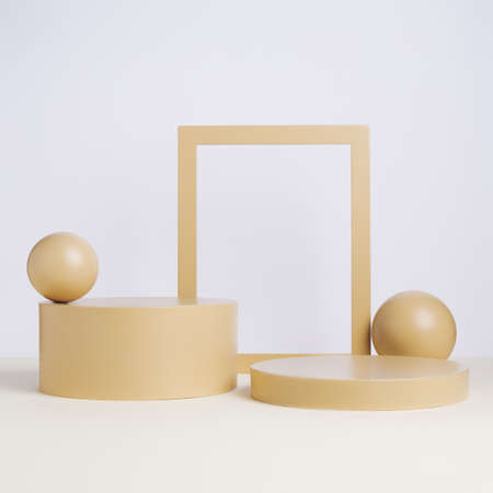 Luxury product podium with balls and frames on pastel beige background. Concept scene stage showcase for promotion, sale, banner, presentation or cosmetic. Minimal showcase empty mock up.の写真素材