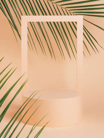 Luxury podium with palm leaves and frames on pastel orange background. Concept scene stage showcase for product, promotion, sale, banner, presentation, cosmetic. Minimal showcase empty mock up.の写真素材