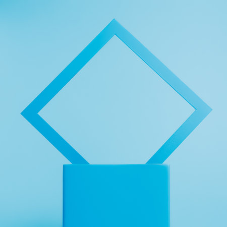 Product podium showcase with frame on vibrant blue background. Concept scene stage for promotion,...