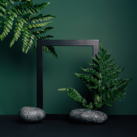 Natural product podium made with marble, stone, leaves and frame on forest green background. Concept scene stage for promotion, sale, presentation or cosmetic. Luxury minimal mock up template.の写真素材