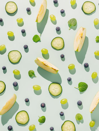 Summer pattern made with apple, cucumber slices and blueberry on pastel green background. Minimal fruit and vegetable texture concept. Healthy vegetarian food composition with long summer shadows.の写真素材