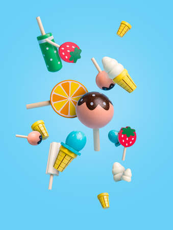 Summer candies falling down isolated on a bright blue background. Creative summer dessert concept. Lollipops and ice creams in crispy cones.の写真素材