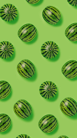 Geometrical pattern of fresh watermelons isolated on a bright green background. Creative food...