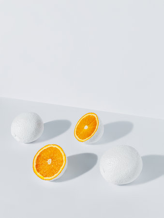 Isometric view of fresh oranges painted in white isolated on a white background. Creative food concept. Abstract arty citrus fruit composition.の写真素材