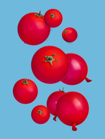 Tomato balloons flying in the air isolated on a pastel bright blue background. Summer vegetables as balloons with green petioles. Creative food concept. Abstract and surreal healthy diet.の写真素材