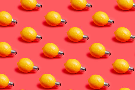 Texture with fresh lemons as bulbs isolated on a peach colored background. Creative food recipe concept. Abstract and surreal fruit health diet pattern. Flat lay, top view.の写真素材