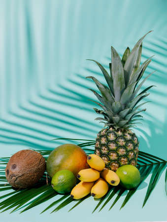 Pineapple, mango, coconut, bananas, and limes on a palm leaf with a bright blue background. Creative...