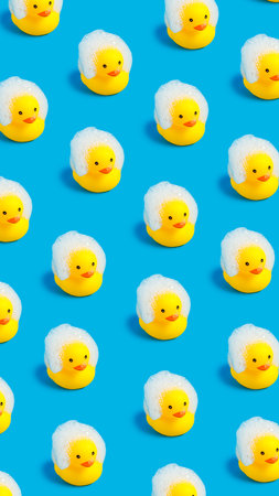Seamless pattern with yellow rubber ducks on a blue background. Easter concept.