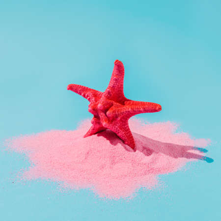 Pink starfish on pink sand with a blue background. Ocean and sea animal on the beach. Creative summer travel or vacation concept.の写真素材
