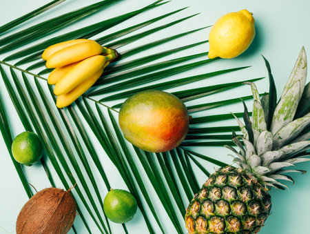 Exotic and juicy summer fruit arrangement made with ripe mango, lemon, banana, pineapple, coconut, and lime. Tropical palm leaf with fruits on a mint background. Creative food concept. Flat lay.の写真素材