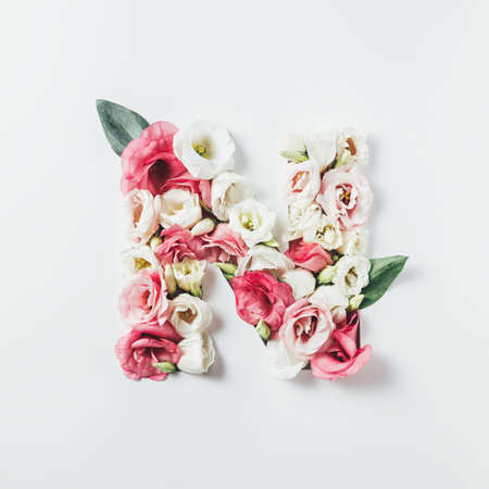 Letter N made with flower and leaves on bright white background. Floral mother's day alphabet...