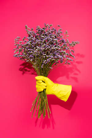 Invisible hand with with yellow sanitary glove holding bunch of lavender field flowers isolated on vibrant pink background. Creative floral concept. Still life visual trend.の写真素材