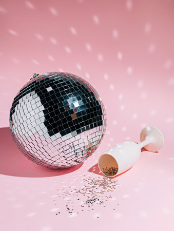 Shiny mirror disco ball with white champagne glass and silver confetti on pastel pink background. Anniversary celebration, New Year or Christmas idea. Creative party concept. Fashion minimal art.の写真素材
