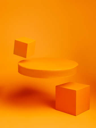 Creative podium made of orange geometrical elements on orange background. Scene stage showcase for product, promotion or sale. Minimal advertisement concept. Empty product mock up idea.の写真素材